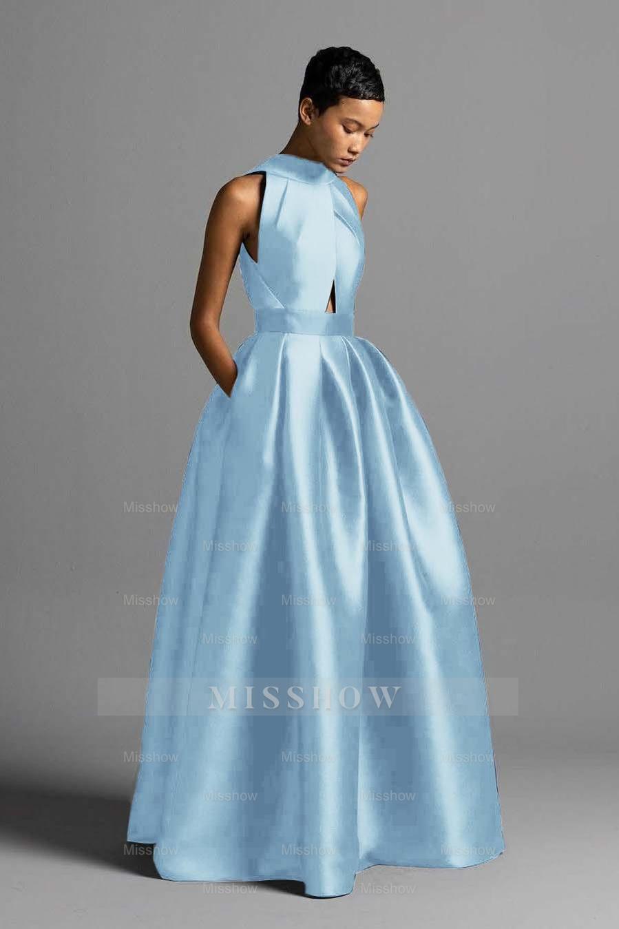 Halter Sleeveless High Waist Long Formal Dress With Pocket Pleated