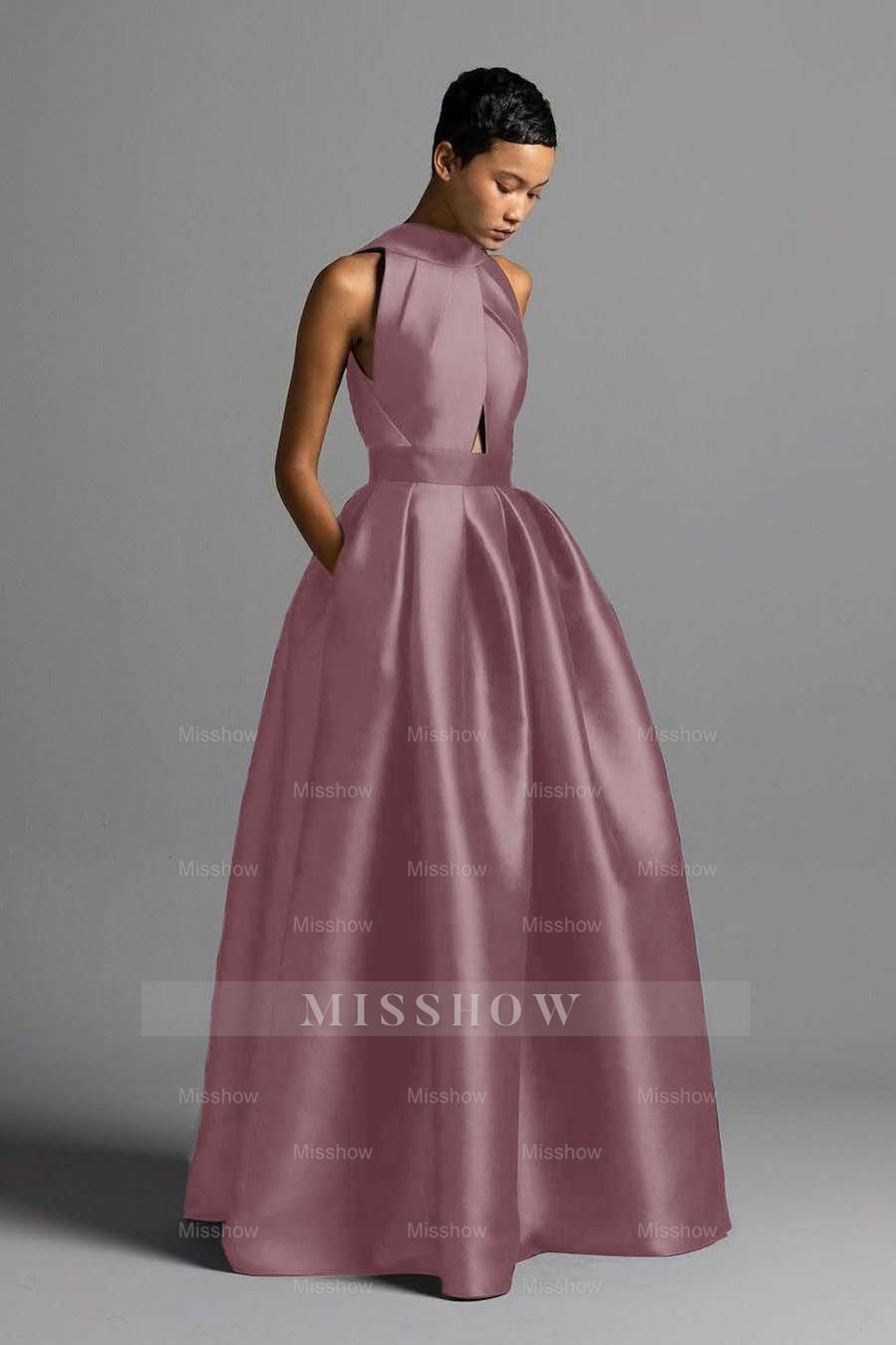 Halter Sleeveless High Waist Long Formal Dress With Pocket Pleated