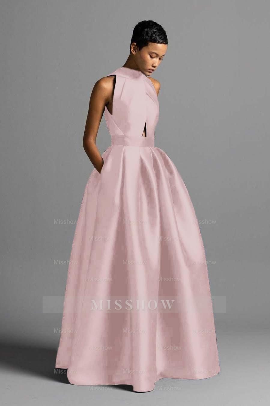 Halter Sleeveless High Waist Long Formal Dress With Pocket Pleated
