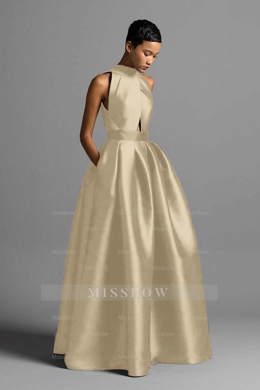 Halter Sleeveless High Waist Long Formal Dress With Pocket Pleated