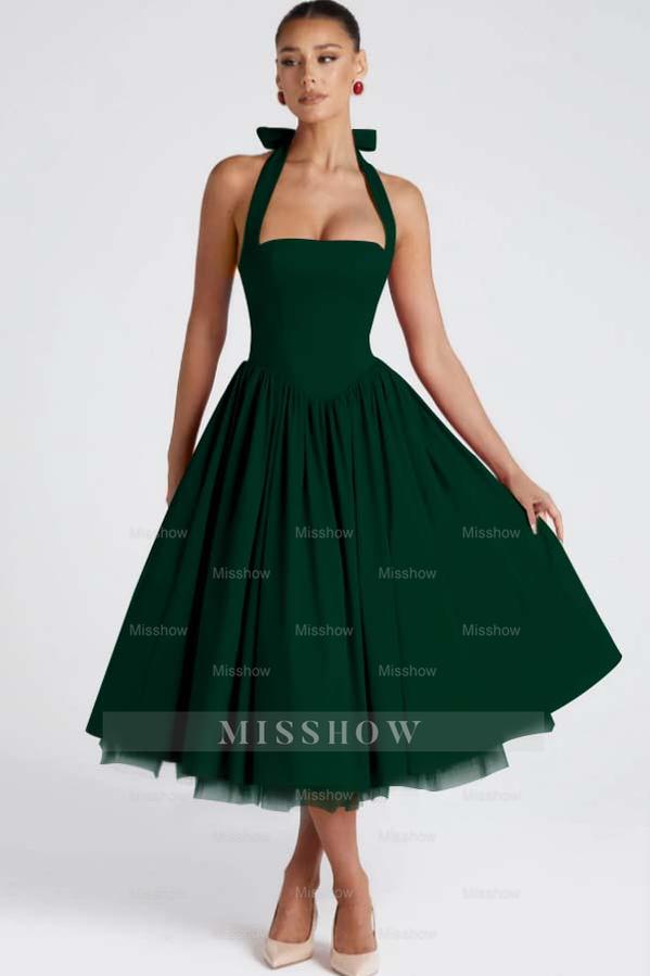 Halter Sleeveless Long A Line Formal Dress With Pleated Tulle