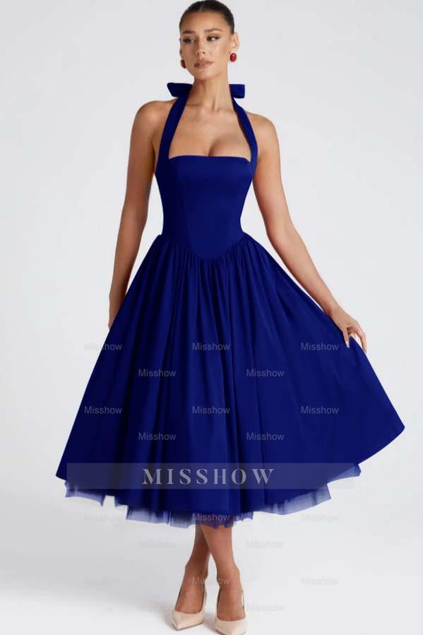 Halter Sleeveless Long A Line Formal Dress With Pleated Tulle