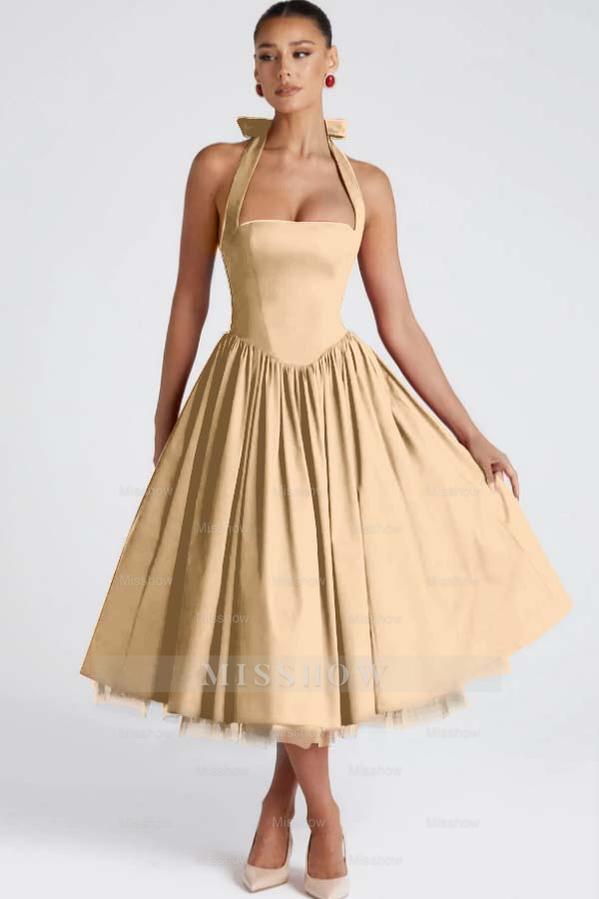 Halter Sleeveless Long A Line Formal Dress With Pleated Tulle