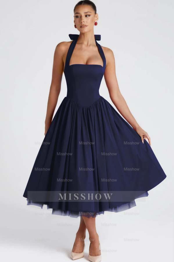 Halter Sleeveless Long A Line Formal Dress With Pleated Tulle