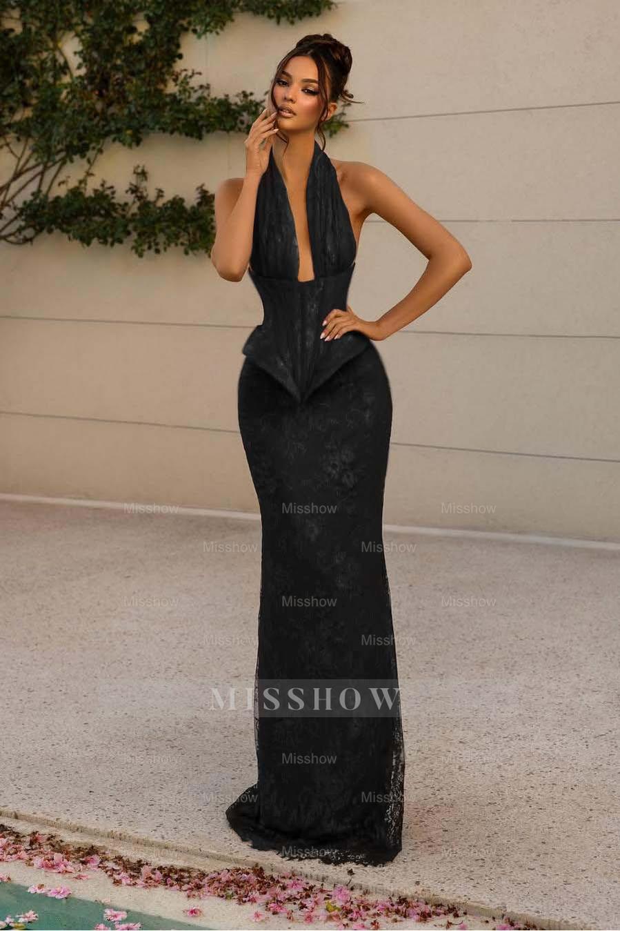 Halter Sleeveless Long Mermaid Formal Dress With Lace Appliques