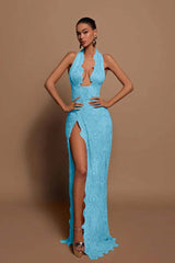 Halter Sleeveless Long Mermaid Formal Dress With Lace Appliques