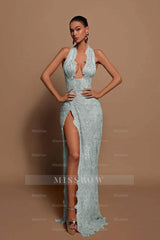 Halter Sleeveless Long Mermaid Formal Dress With Lace Appliques