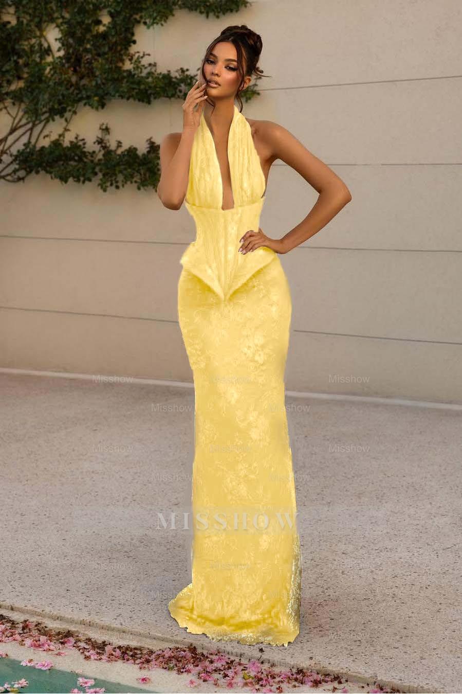 Halter Sleeveless Long Mermaid Formal Dress With Lace Appliques