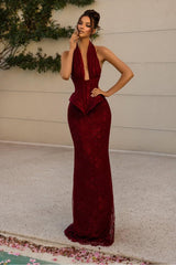 Halter Sleeveless Long Mermaid Formal Dress With Lace Appliques