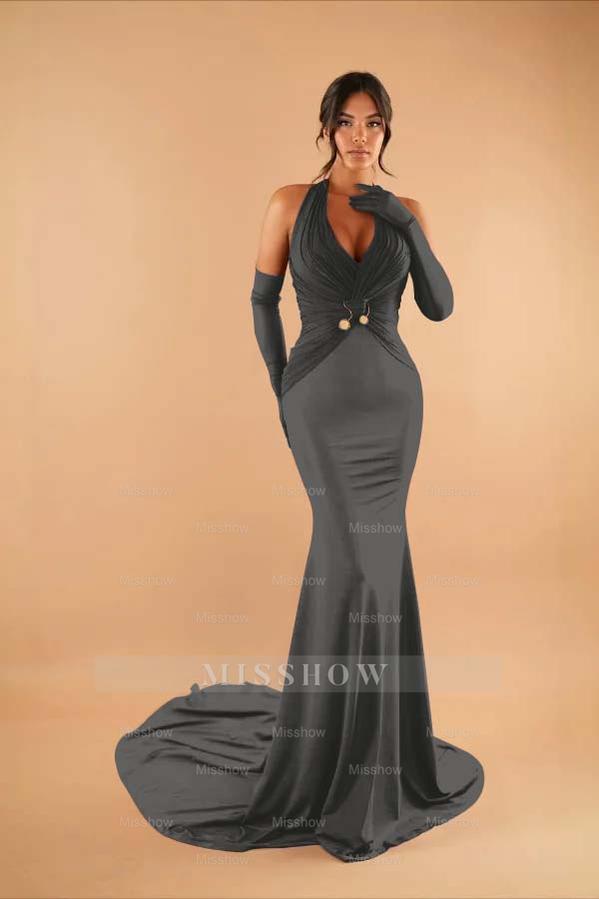 Halter Sleeveless Long Mermaid Formal Dress With Pleated Gloves