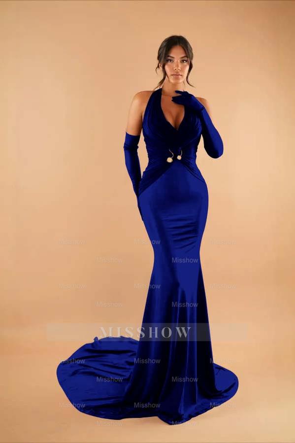 Halter Sleeveless Long Mermaid Formal Dress With Pleated Gloves
