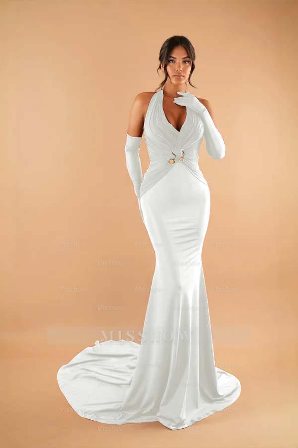 Halter Sleeveless Long Mermaid Formal Dress With Pleated Gloves