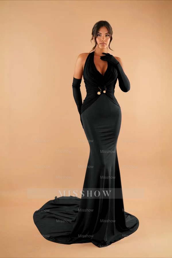Halter Sleeveless Long Mermaid Formal Dress With Pleated Gloves