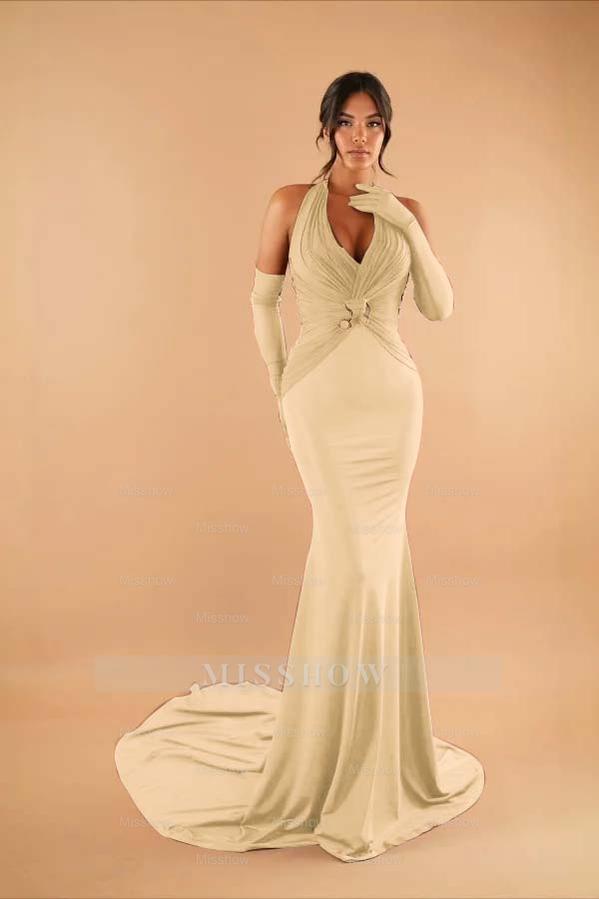 Halter Sleeveless Long Mermaid Formal Dress With Pleated Gloves
