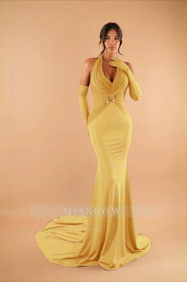 Halter Sleeveless Long Mermaid Formal Dress With Pleated Gloves