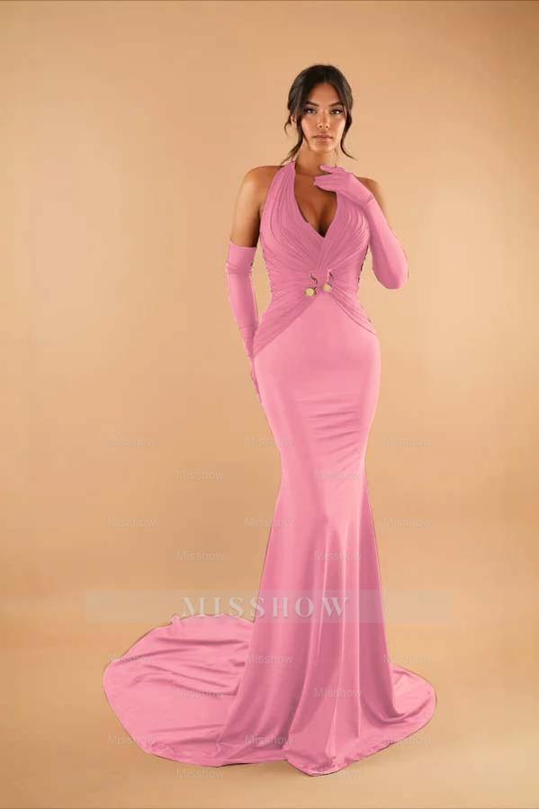 Halter Sleeveless Long Mermaid Formal Dress With Pleated Gloves