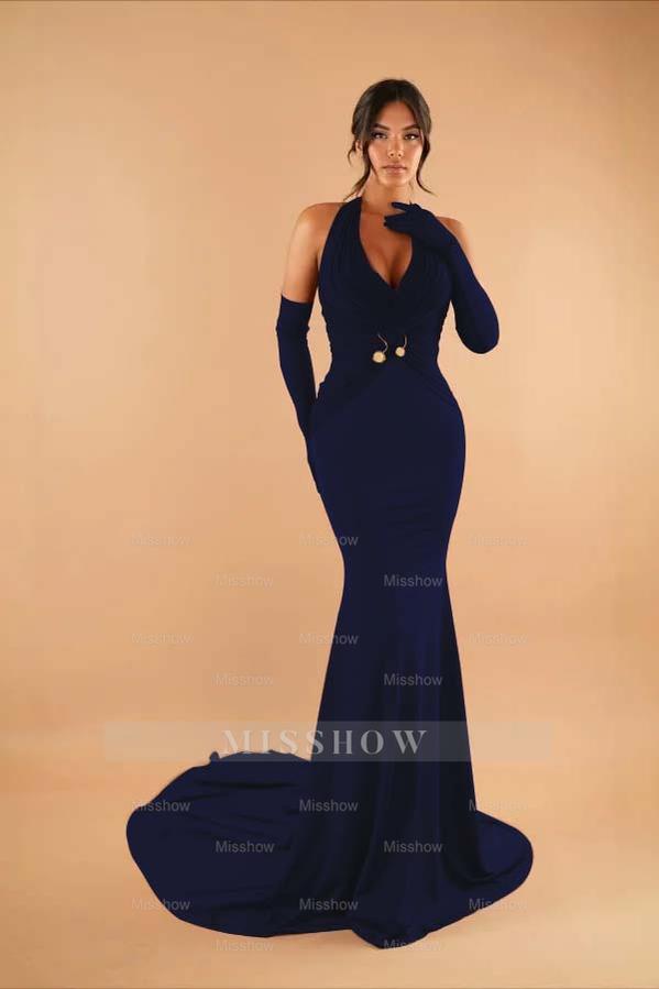 Halter Sleeveless Long Mermaid Formal Dress With Pleated Gloves