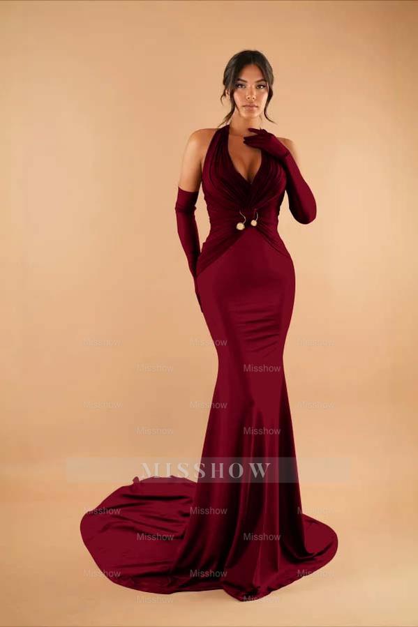 Halter Sleeveless Long Mermaid Formal Dress With Pleated Gloves