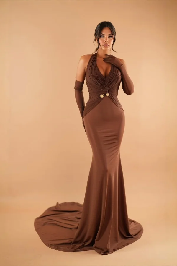 Halter Sleeveless Long Mermaid Formal Dress With Pleated Gloves