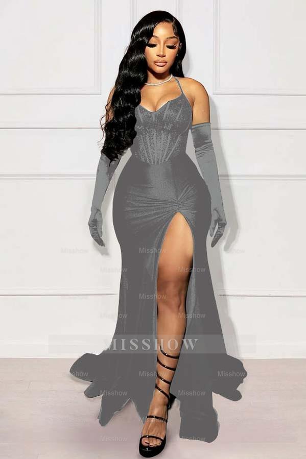 Halter Sleeveless Long Mermaid Formal Dress With Split Gloves