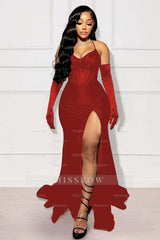 Halter Sleeveless Long Mermaid Formal Dress With Split Gloves