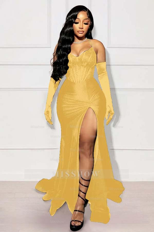 Halter Sleeveless Long Mermaid Formal Dress With Split Gloves