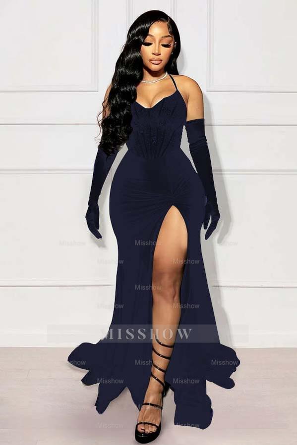Halter Sleeveless Long Mermaid Formal Dress With Split Gloves