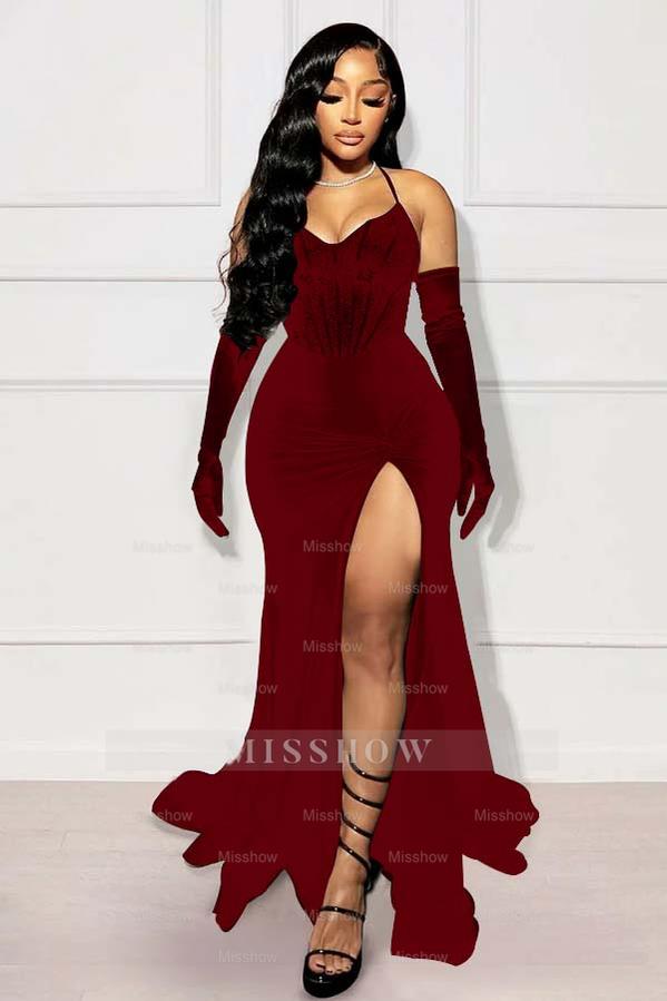 Halter Sleeveless Long Mermaid Formal Dress With Split Gloves