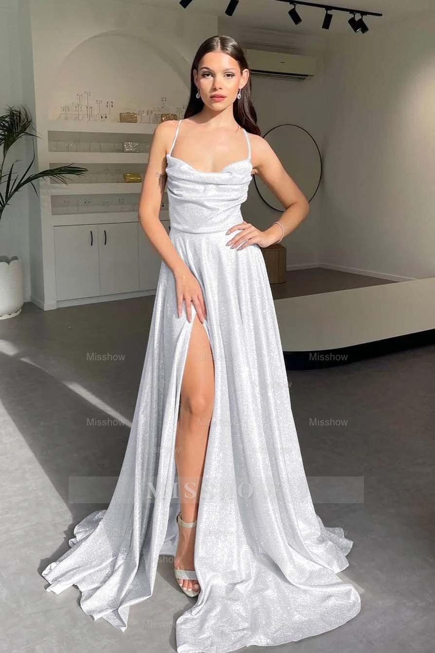 Halter Sleeveless Long Split Formal Dress With Pleated Sequins
