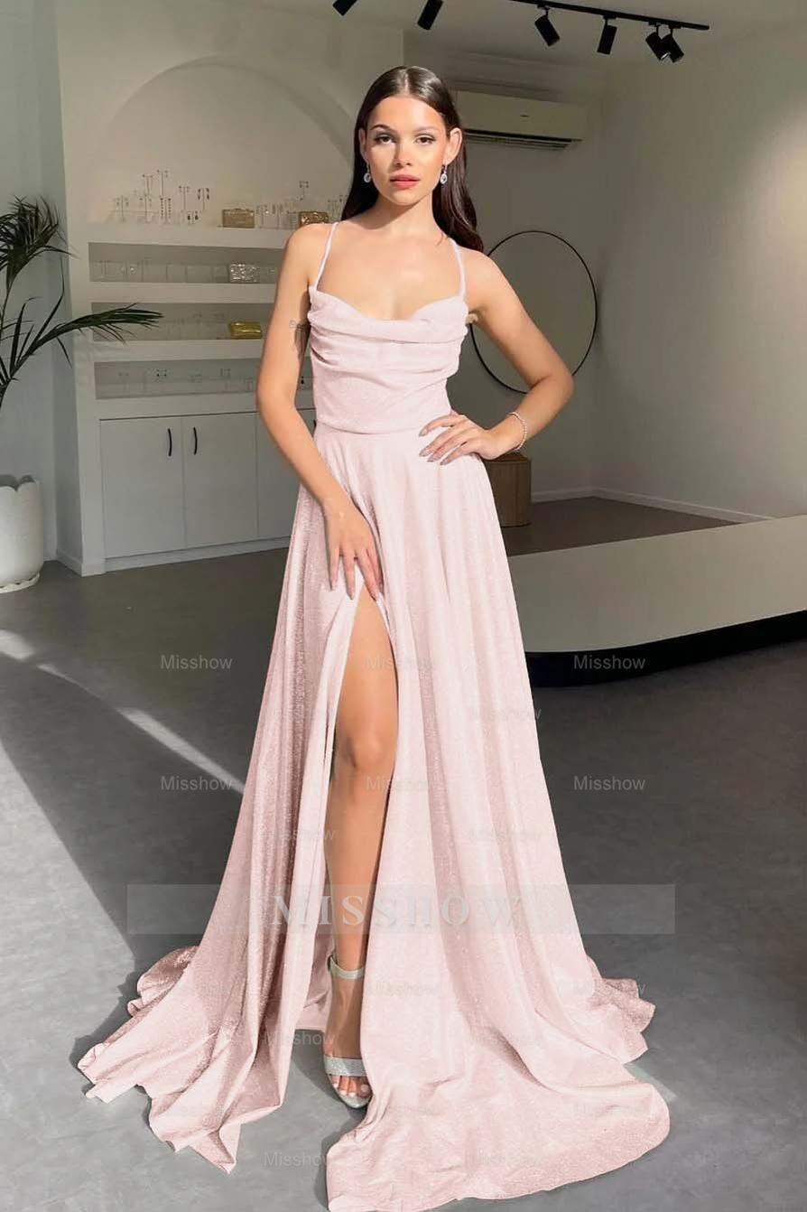 Halter Sleeveless Long Split Formal Dress With Pleated Sequins