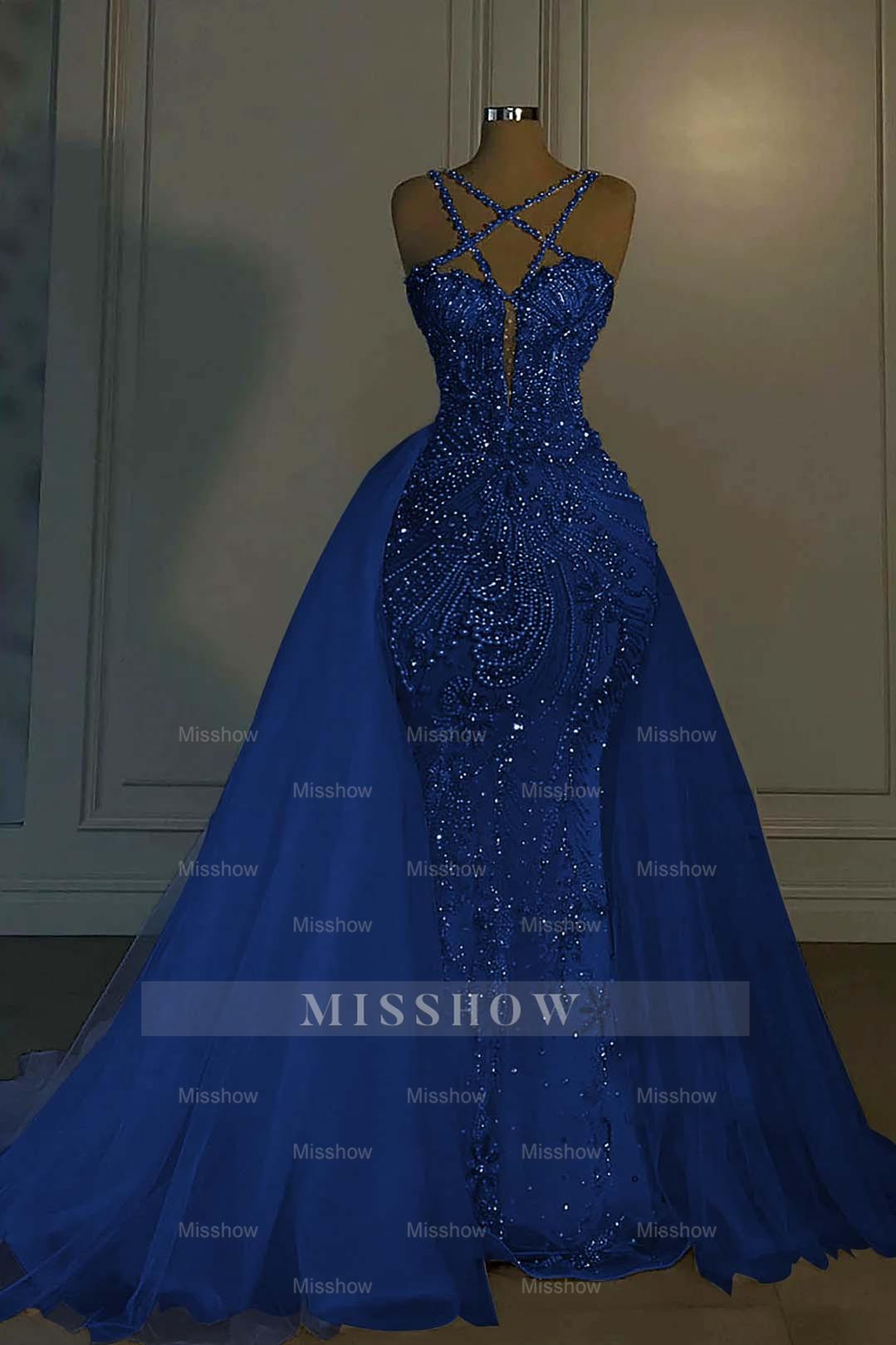 Halter Sleeveless Mermaid Long Formal Dress With Beading Tulle