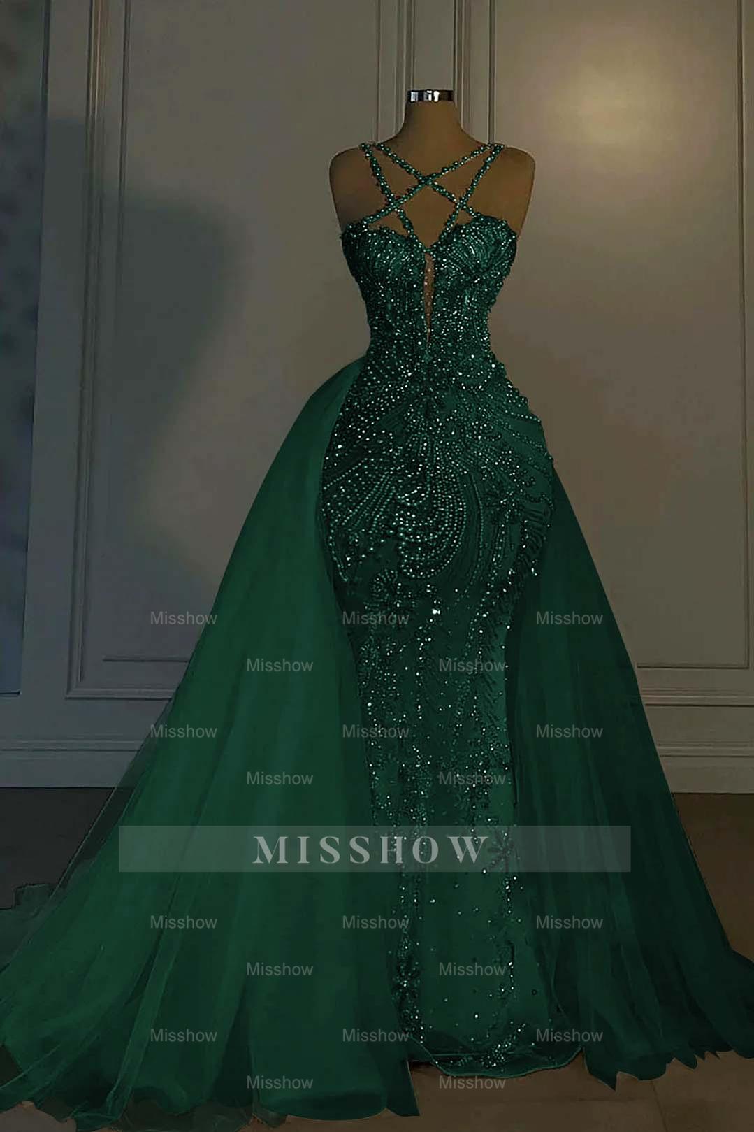 Halter Sleeveless Mermaid Long Formal Dress With Beading Tulle