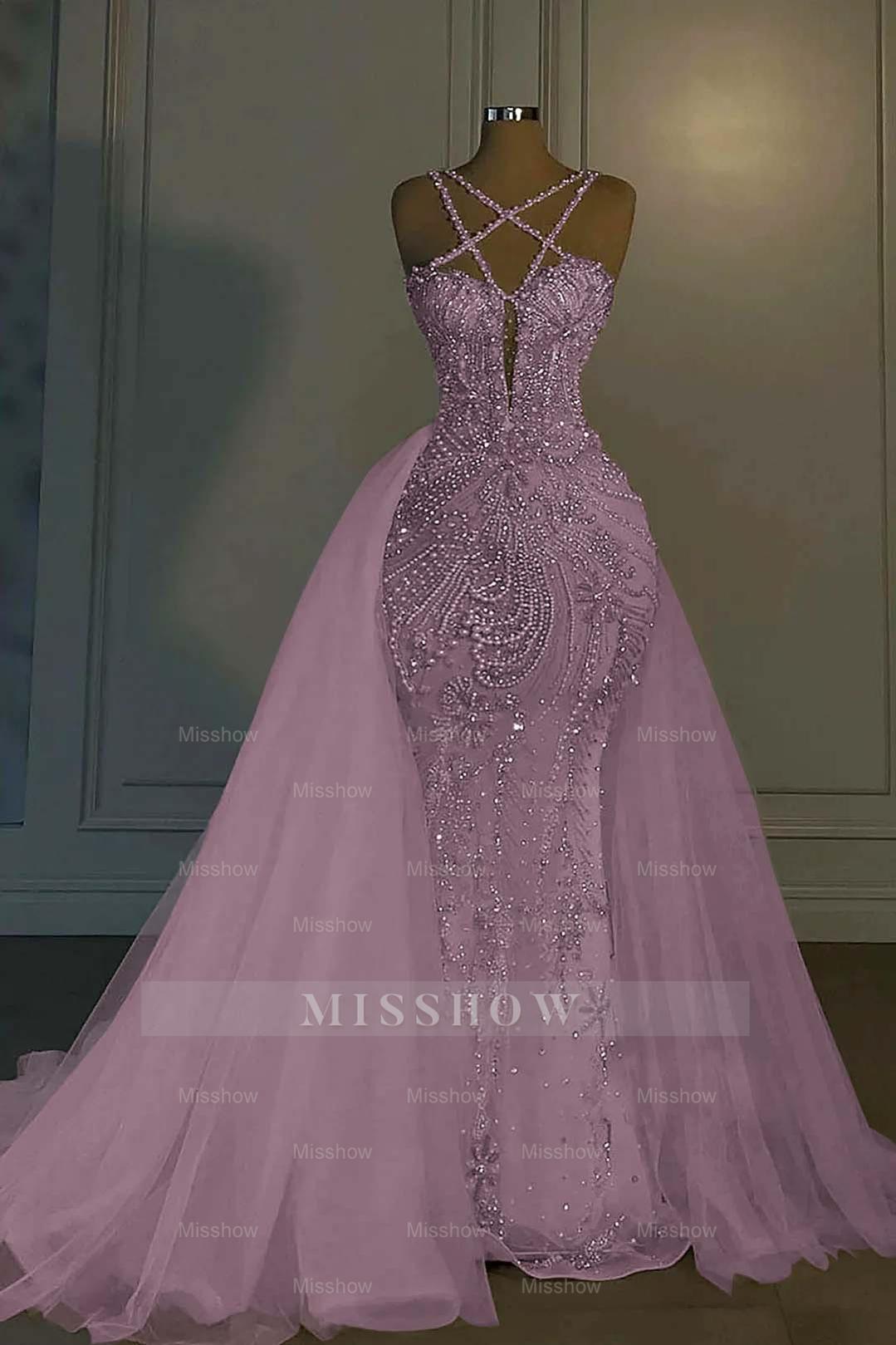 Halter Sleeveless Mermaid Long Formal Dress With Beading Tulle