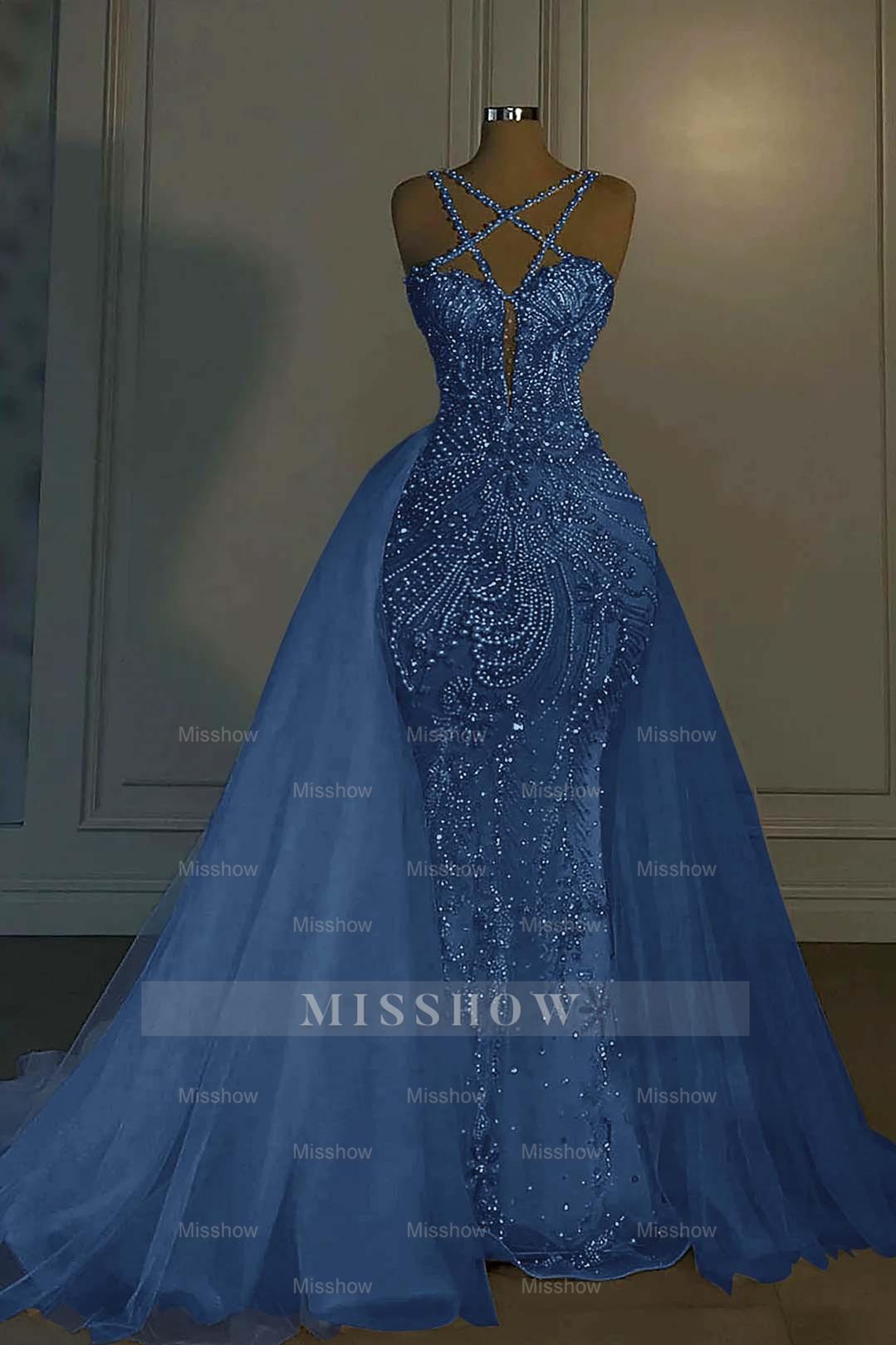 Halter Sleeveless Mermaid Long Formal Dress With Beading Tulle