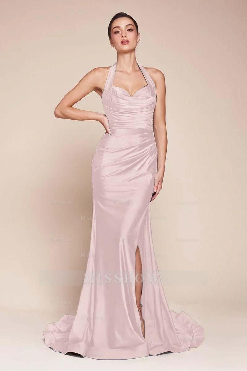 Halter Sleeveless Split Mermaid Long Formal Dress With Pleated