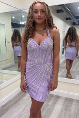 Halter Sweetheart Corset Homecoming Dress Pearl Beaded Bodycon Mini Open Back