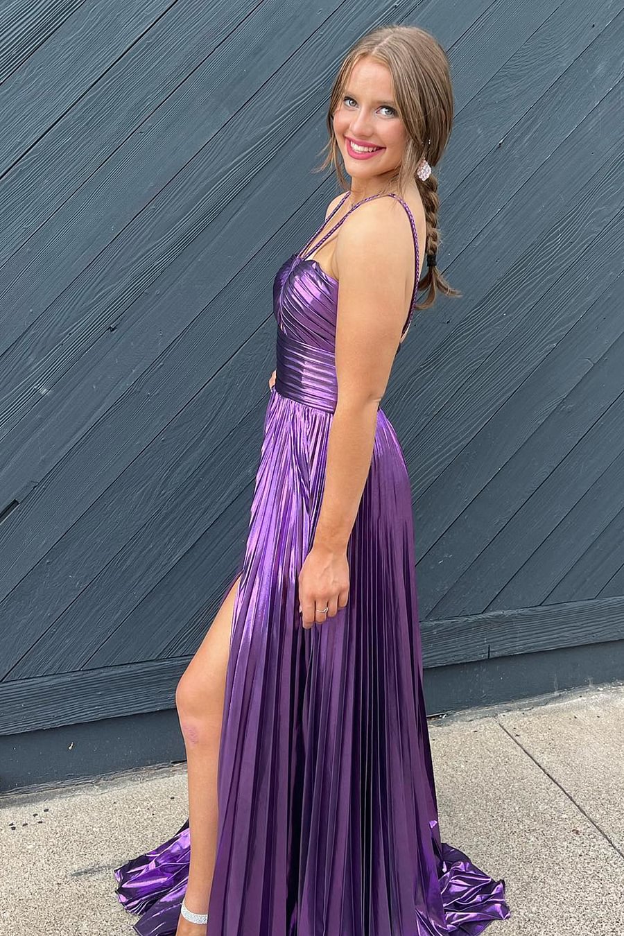 Halter Sweetheart Cut-Out Pleated Metallic A-Line Prom Dress Side Slit Floor Length