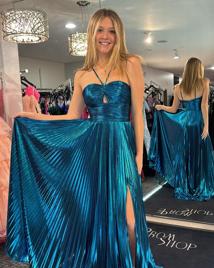 Halter Sweetheart Cut-Out Pleated Metallic A-Line Prom Dress Side Slit Floor Length