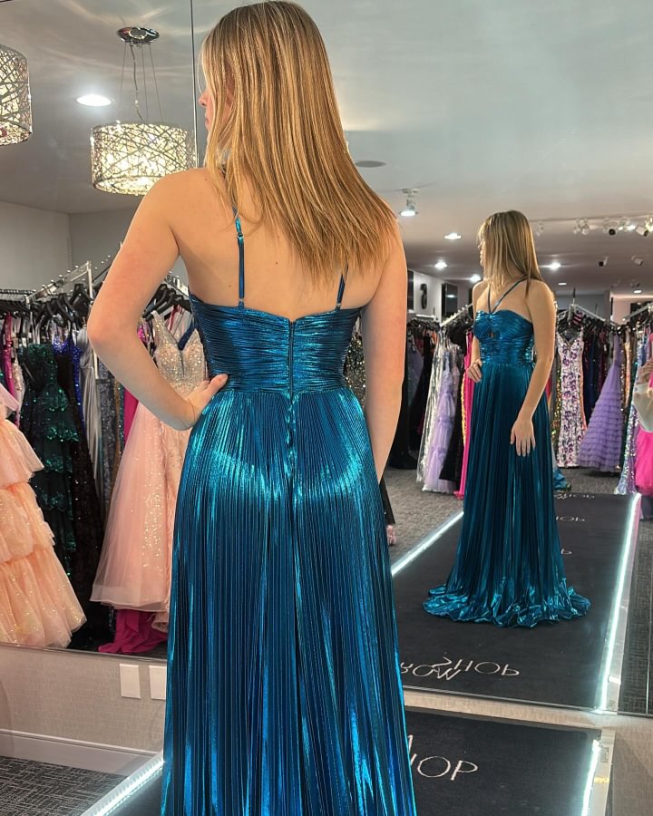 Halter Sweetheart Cut-Out Pleated Metallic A-Line Prom Dress Side Slit Floor Length