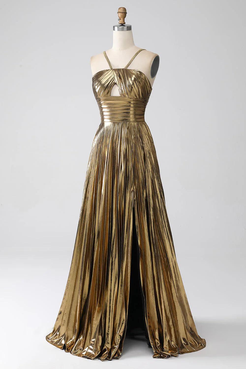 Halter Sweetheart Cut-Out Pleated Metallic A-Line Prom Dress Side Slit Floor Length