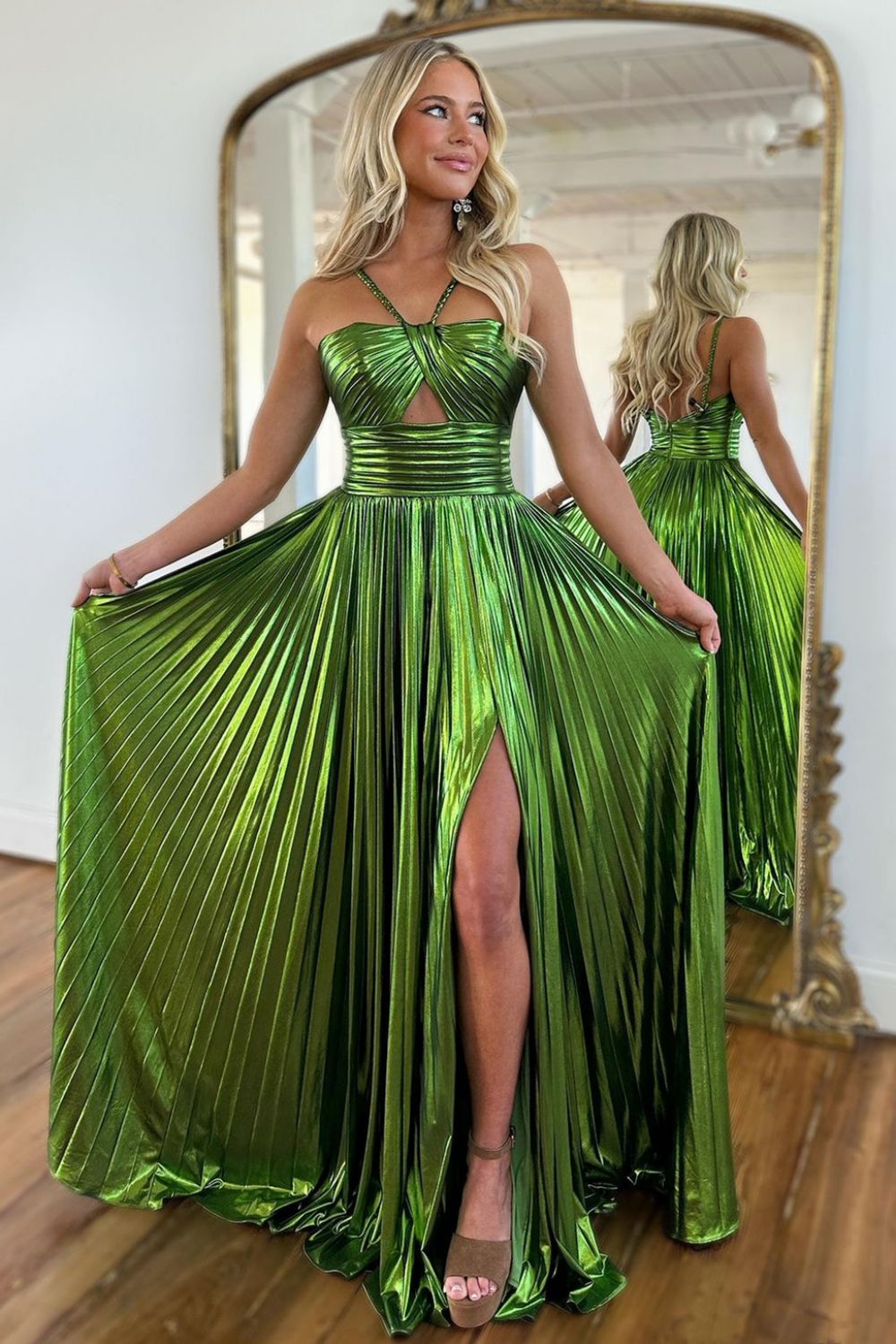 Halter Sweetheart Cut-Out Pleated Metallic A-Line Prom Dress Side Slit Floor Length