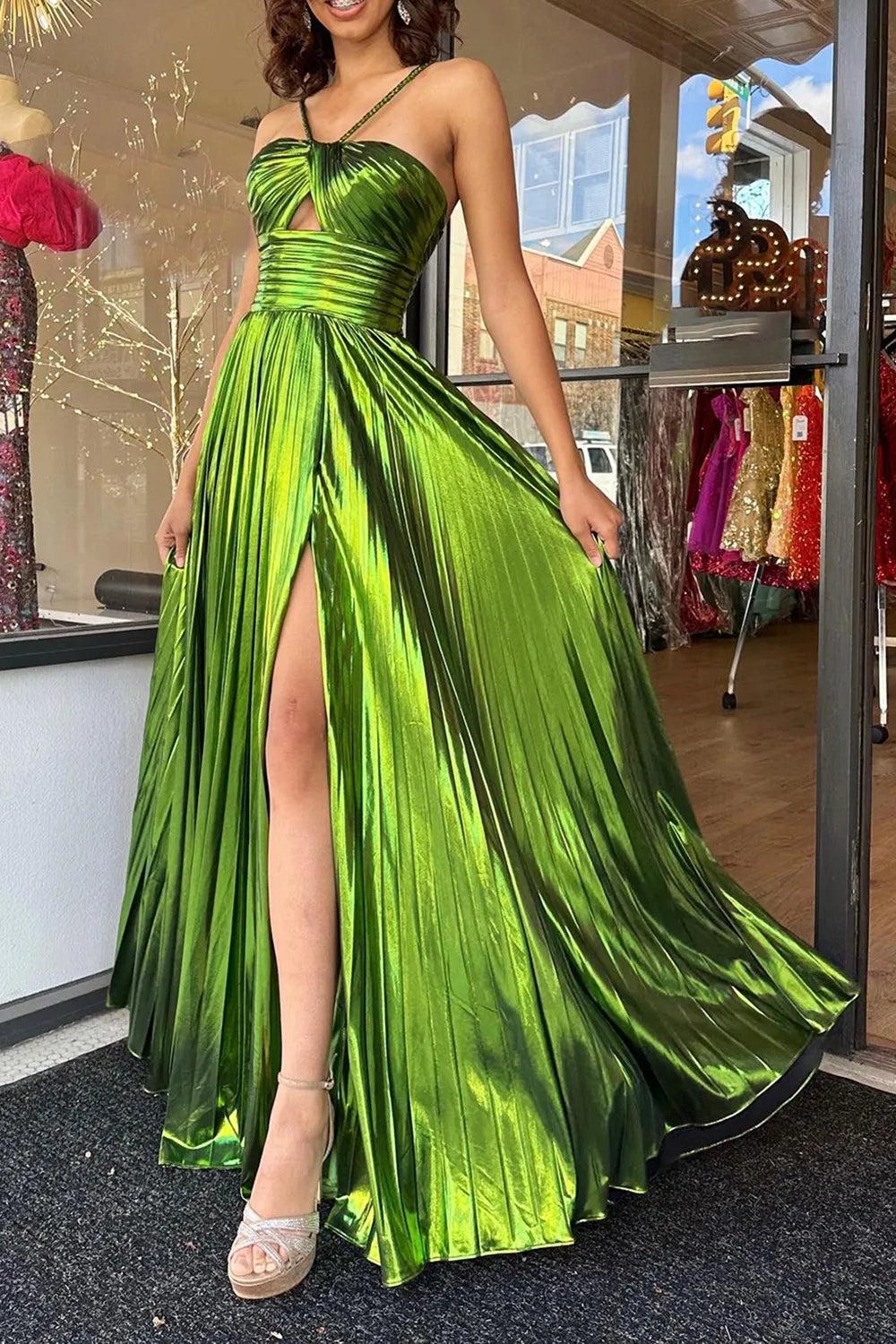 Halter Sweetheart Cut-Out Pleated Metallic A-Line Prom Dress Side Slit Floor Length