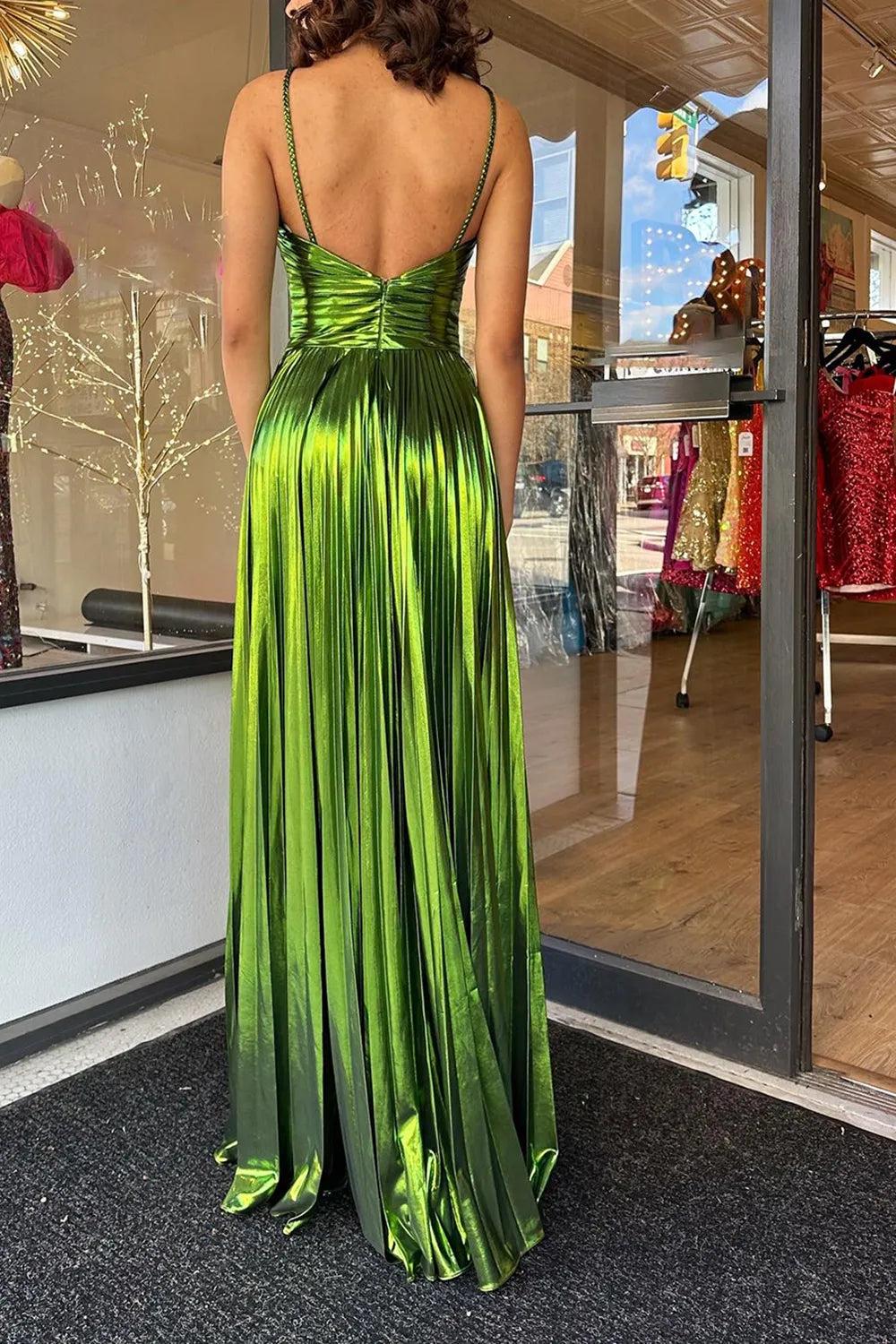 Halter Sweetheart Cut-Out Pleated Metallic A-Line Prom Dress Side Slit Floor Length