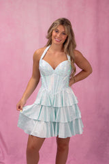 Halter Sweetheart Glitter Fan Boned Corset Tiered Ruffle A-Line Homecoming Dress Open Back Mini