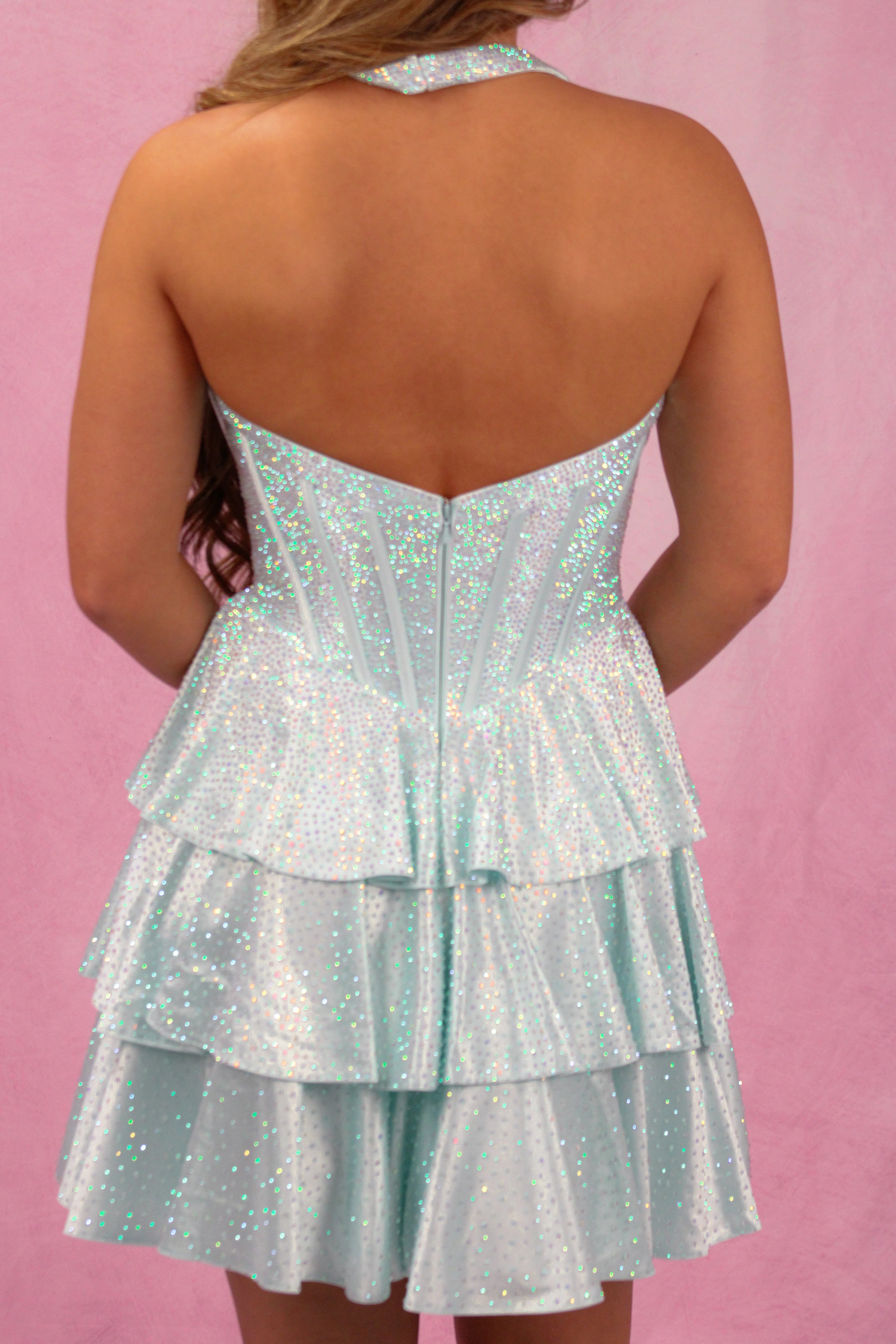 Halter Sweetheart Glitter Fan Boned Corset Tiered Ruffle A-Line Homecoming Dress Open Back Mini