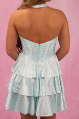 Halter Sweetheart Glitter Fan Boned Corset Tiered Ruffle A-Line Homecoming Dress Open Back Mini