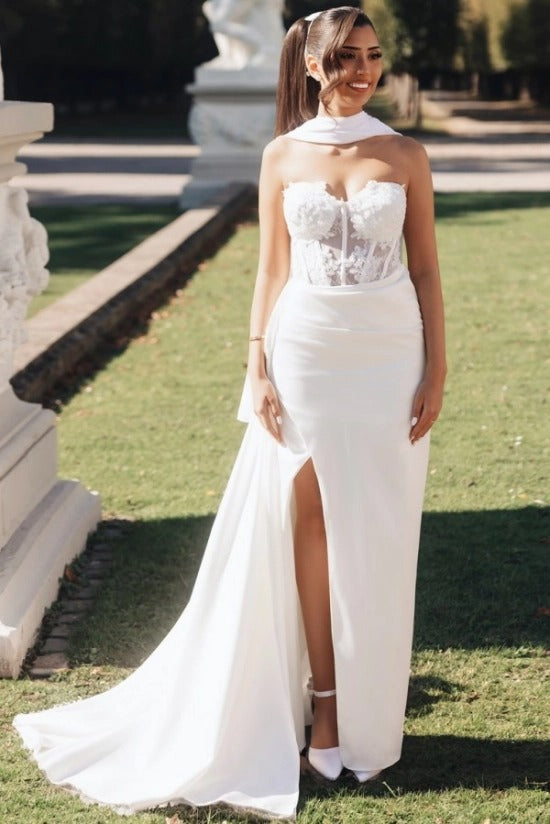 Halter Sweetheart Illusion 3D Floral Lace Corset Stretch Crepe Mermaid Wedding Dress High Slit Sweep Train