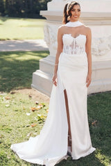 Halter Sweetheart Illusion 3D Floral Lace Corset Stretch Crepe Mermaid Wedding Dress High Slit Sweep Train