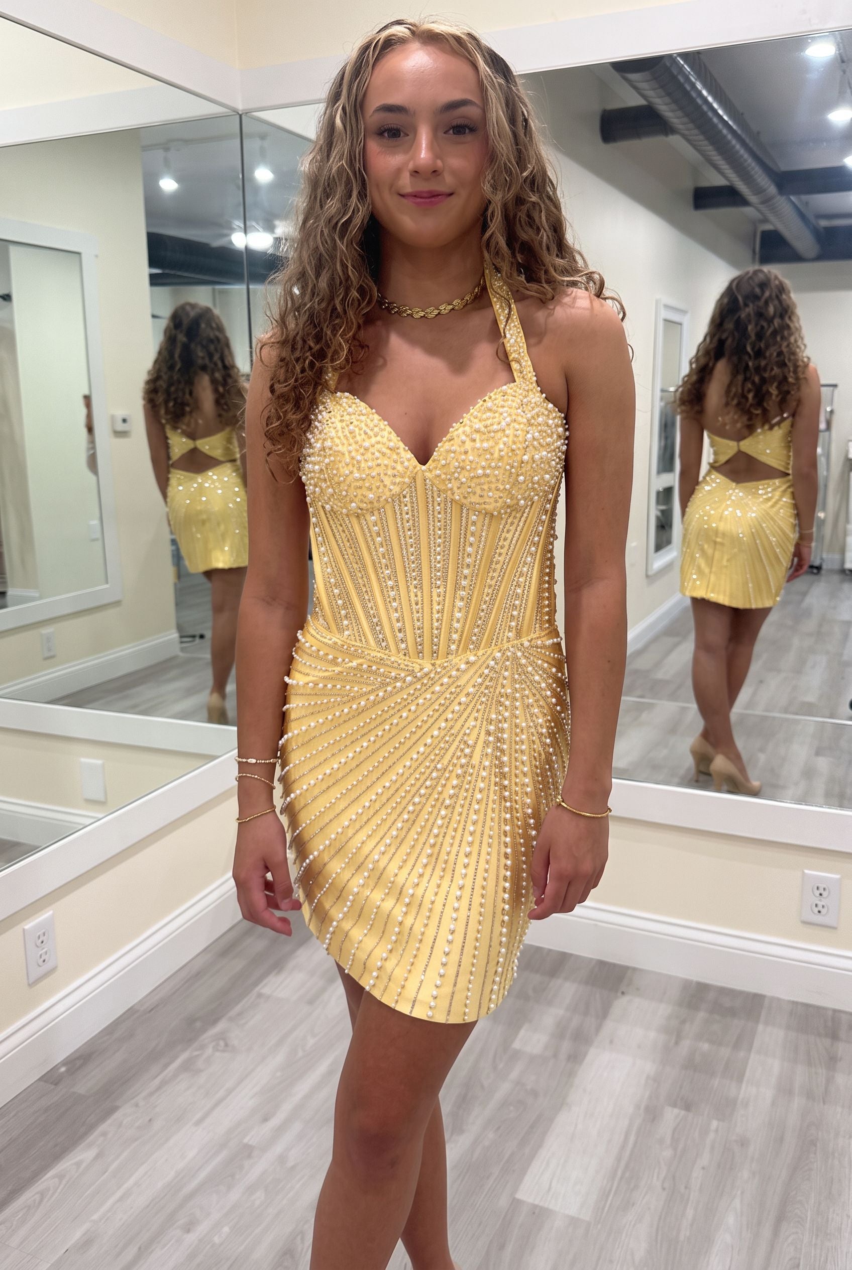 Halter Sweetheart Pearl Beading Sunburst Corset Bodycon Homecoming Dress Open Back Mini