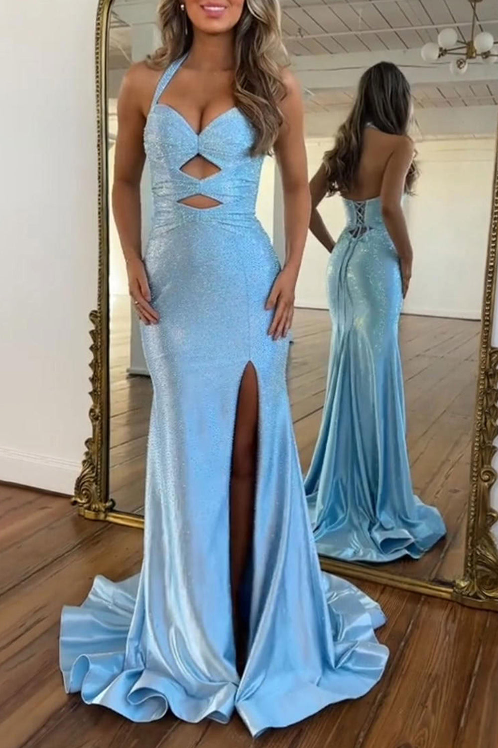 Halter Sweetheart Rhinestone Beading Cut-Out Satin Mermaid Prom Dress Side Slit Lace-Up Back Floor Length